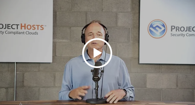 A man wearing headphones speaks into a microphone in a studio setting, seated between two signs that read “PROJECTHOSTS™” and “ProjectHOSTS Security Compliant Clouds,” with an Elementor Header displayed above him.